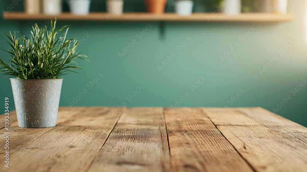 Aufkleber Empty wooden table with potted plant in rustic workshop setting