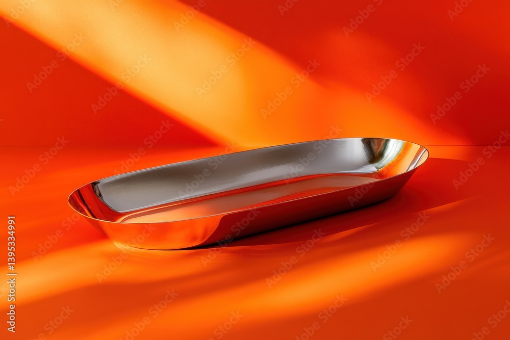 Poster reflection and simplicity in a polished metal bowl on a vibrant orange background