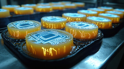 Pasta designed like circuit boards presented on dark ceramic with vibrant neon lighting for a tech-inspired dining experience