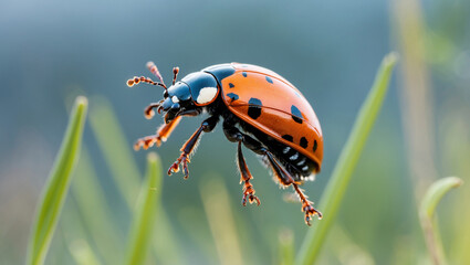 Fototapeta premium Ladybug Close Up With Black Spots On A Blade Of Grass Outdoors