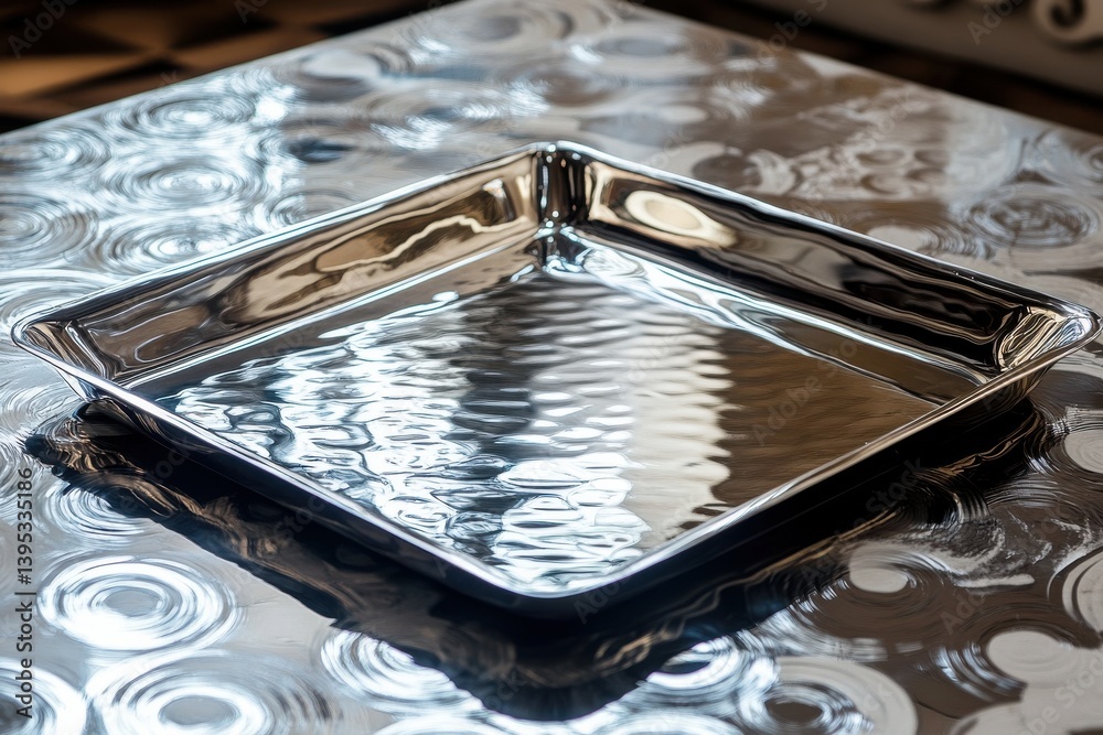 Poster shiny silver tray resting on a textured surface with rippling reflections in a modern interior setti