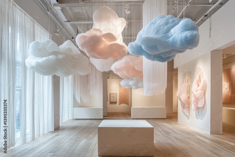 Poster art installation featuring soft cloud sculptures suspended in a modern gallery space with warm wood 