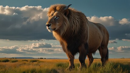 Fototapeta premium Majestic lion-like creature in savanna sunset