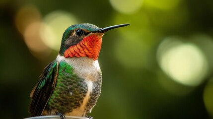 A vibrant hummingbird perches gracefully, its iridescent feathers shimmering with hues of green and red, set against a softly blurred green backdrop.