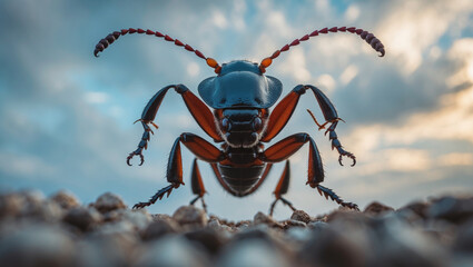 Fototapeta premium Detailed Macro Shot Of A Brown And Black Beetle On Rocky Ground