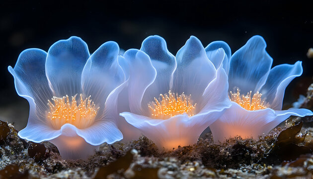 Luminous sea squirts underwater close up