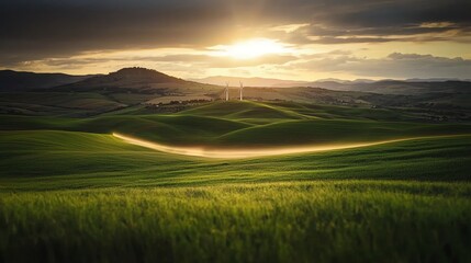 Obraz premium wind turbines on a hill, showing green technology innovation, environmental illustration, renewable energy theme