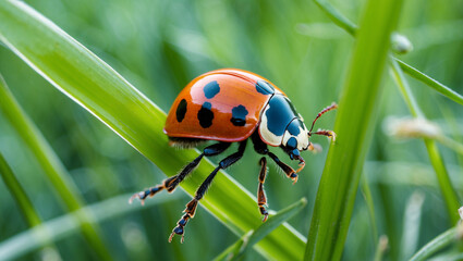 Fototapeta premium Macro Shot Of A Ladybug On A Green Blade Of Grass In Nature