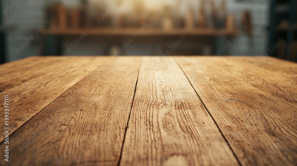 Poster Empty rustic wooden tabletop in a workshop setting illuminated by warm lighting