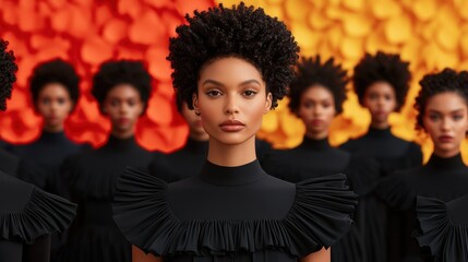 Fashion editorial concept. A group of models in structured avant garde dresses posing together