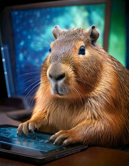 Capybara using digital pen and tablet to AI software to generate images, screen visual