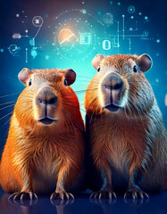 Two cute professional capybara interacts with virtual  screen symbolizing online assessments, surveys, exams, or quizzes