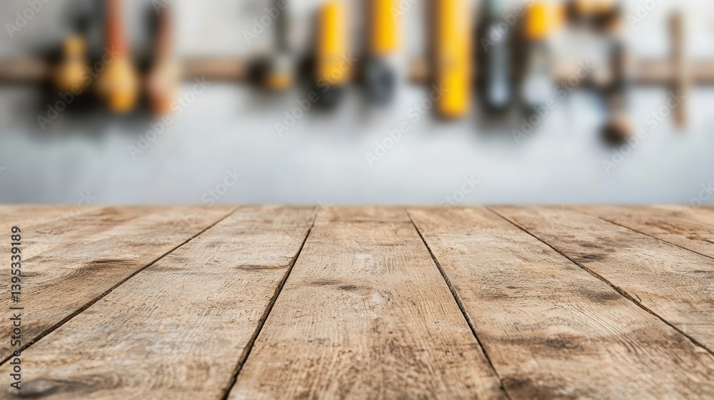 Leinwandbilder Empty wooden tabletop in rustic workshop setting with tools displayed on wall