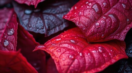 Fototapeta premium Close-up of vibrant red and purple leaves, covered in water droplets. Detailed texture and color