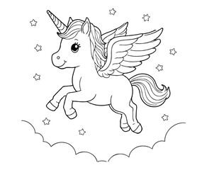 cute kawaii Chubby Pegasus with Tiny Wings Flying Over a Cotton Candy Sky coloring page