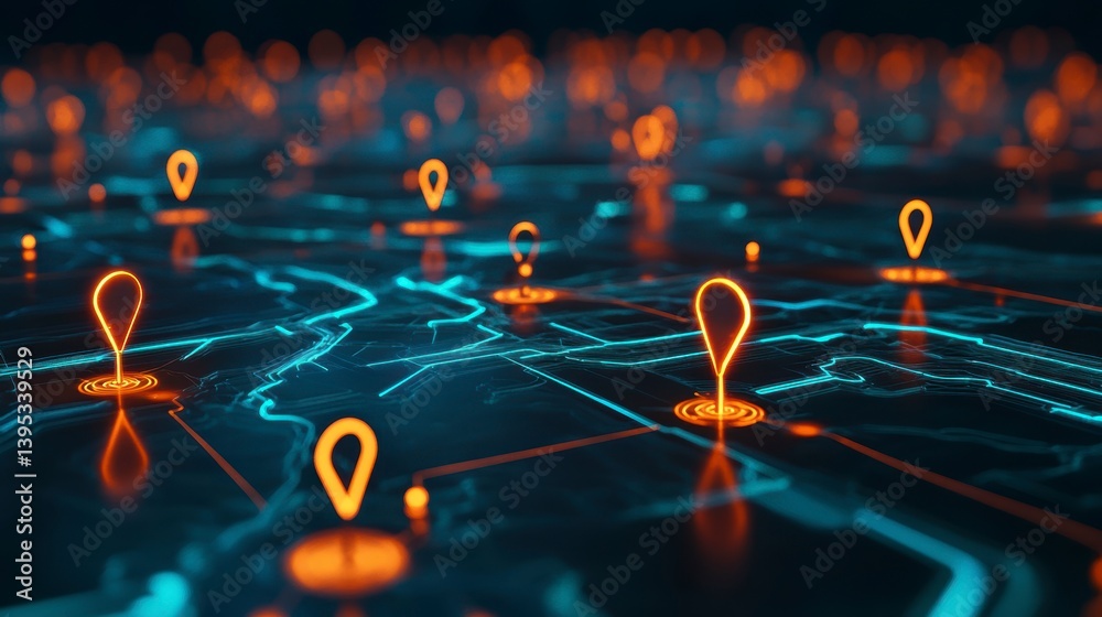 Poster Abstract glowing map with location markers.