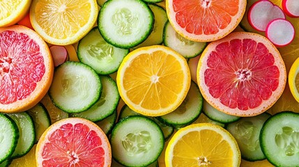 Fototapeta premium A vibrant display of halved citrus fruits, such as grapefruits, lemons, and limes, surrounded by sliced cucumbers and radishes.