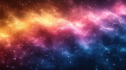 Naklejka premium Cosmic nebula with vibrant orange, pink, and blue hues, interspersed with distant stars, symbolizing mystical energy and the vastness of the universe