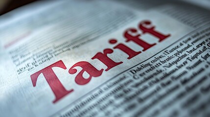 A close-up view of the word 'Tariff' printed in bold red on a newspaper, highlighting economic discussions.