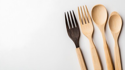 Wooden Kitchen Utensils Arrangement with Forks and Spoons on Surface