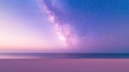 Fototapeta premium Milky Way over a tranquil beach at dawn. A breathtaking sight of a vibrant night sky, filled with stars and the Milky Way, meeting a pastel-colored beach at sunrise.