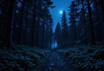 Fototapeta premium Panoramic View of a Forest Lit by Deep Blue Lights