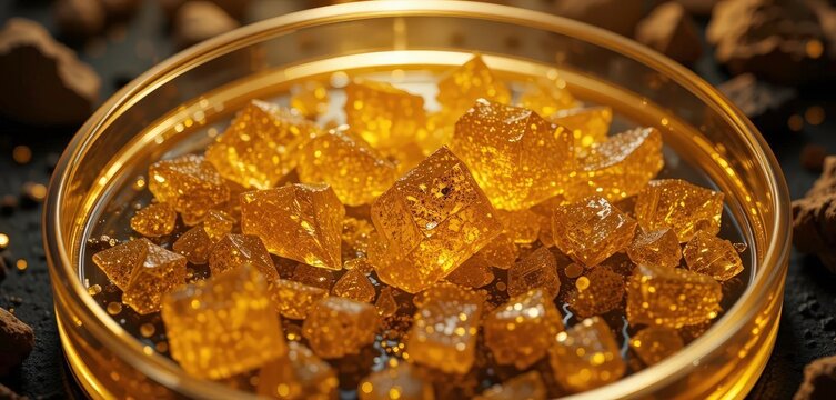  Midas Touch of Death Macro of KCN Crystals in Petri Dish, Rich Gold Hues, Opulent Aesthetic, Chemical Alchemy