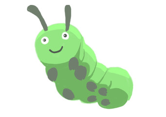 A handmade green caterpillar cartoon, created with crayons, PNG format, transparent background, featuring child-friendly design elements that encourage creativity and early learning.

