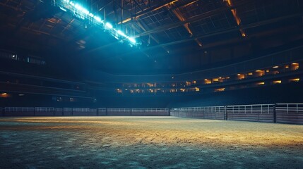 Empty rodeo arena under bright lights at night.