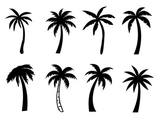 Black Palm Trees Set Isolated On White Background. Palm Silhouettes. Design Of Palm Trees For Posters, Banners, And Promotional Items. Vector Illustration.