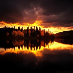 Obraz premium A serene lake at sunset, surrounded by trees, with vibrant orange and yellow hues reflecting on the water's surface under a dramatic sky.