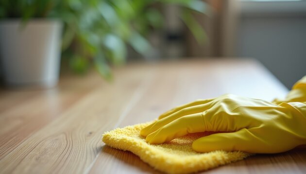 This image captures a close-up of a hand wearing a vibrant yellow rubber glove, diligently cleaning a polished wooden table with a soft yellow cloth. The scene radiates a sense of cleanliness and care