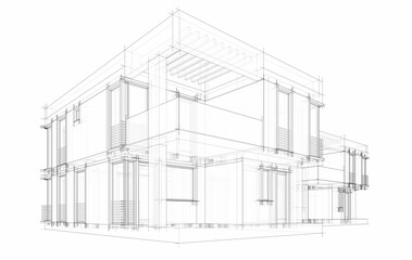 Modern Architectural Wireframe Sketch – Blueprint of Contemporary Building 3d rendering