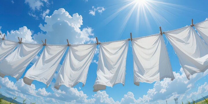  Crisp White Sheets Dance on a Clothesline Impressionistic Sky, Rural Setting