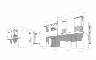 Modern Architectural Wireframe Sketch – Blueprint of Contemporary Building 3d rendering
