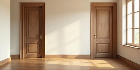 Sunlight streams into a room with hardwood floors and two elegant paneled wooden doors