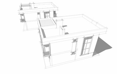 Modern Architectural Wireframe Sketch – Blueprint of Contemporary Building 3d rendering