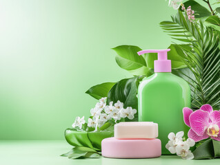 Luxurious bottle of lotion and soap with delicate pink orchid highlighting waterless hygiene products for care and comfort