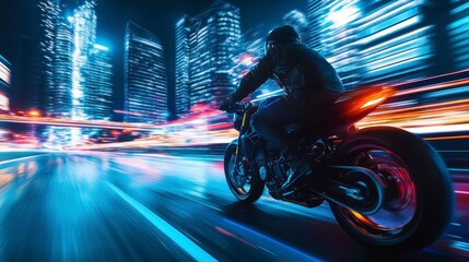 Motorcyclist speeding through a vibrant city at night, blurred lights streaking past.