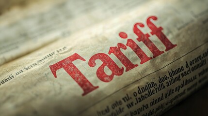 Close-up of an old document featuring the word 'Tariff' printed in bold red letters, showcasing vintage style.