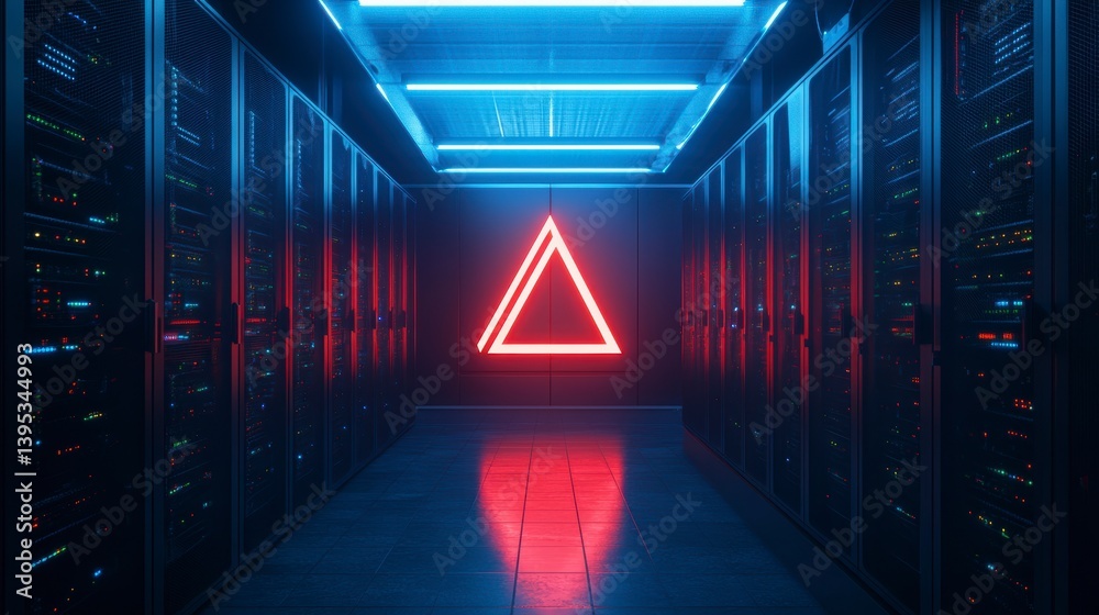 Poster Neon triangle sign illuminates a server room corridor with rows of data center racks.