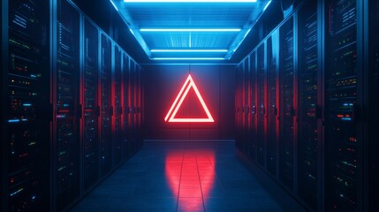 Neon triangle sign illuminates a server room corridor with rows of data center racks.