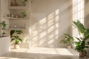 Fototapeta premium sunlit minimalistic interior with potted plants and shelves natural sunlight