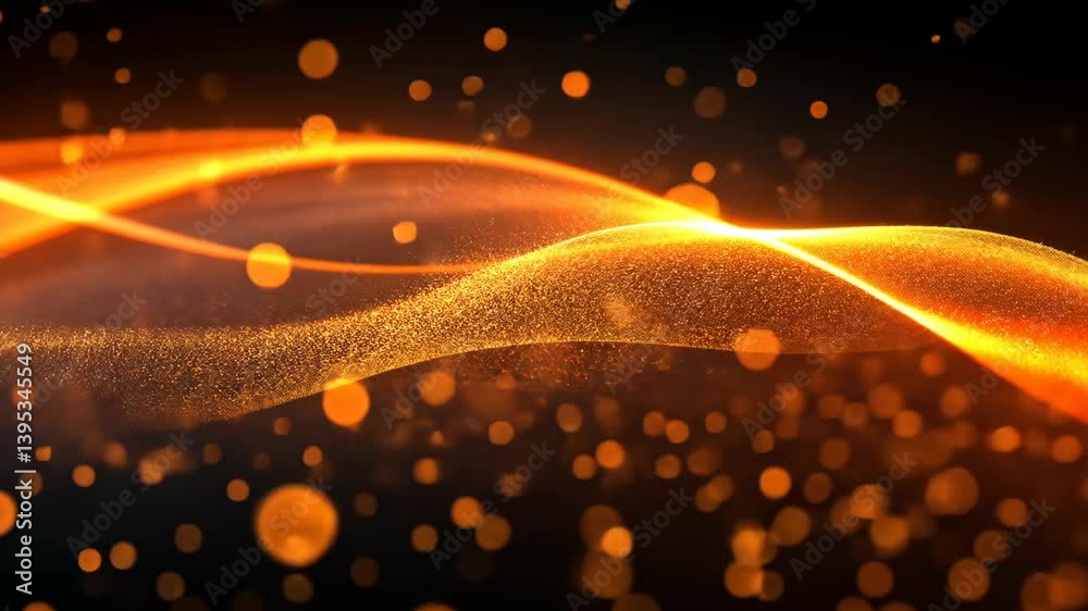 Sticker abstract gold light streaks with sparkling dust particles flow on dark background in a dynamic, futu