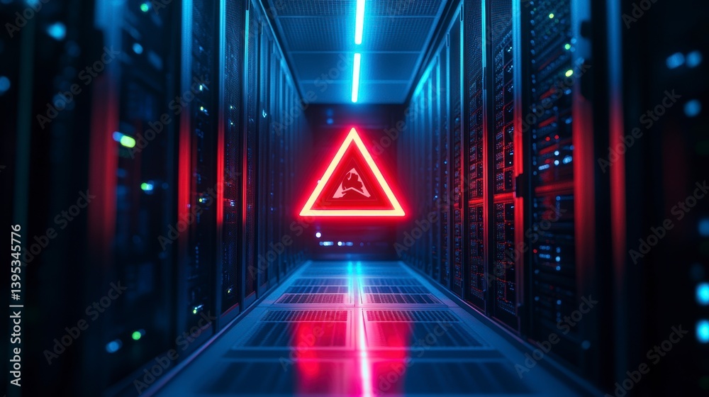 Poster red warning triangle in a neon-lit server room.