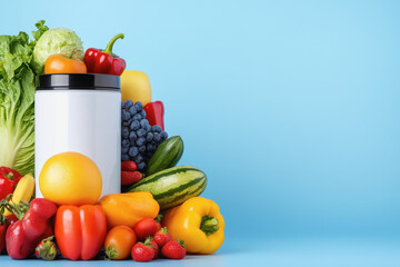 A blendmaster surrounded by a colorful variety of fruits and vegetables for a vibrant zero-waste lifestyle setting