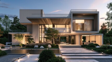 Fototapeta premium Modern Contemporary Home Architectural Design At Dusk