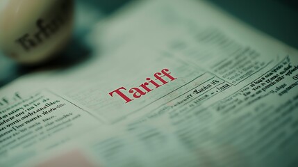 Close-up of a newspaper article highlighting the word 'Tariff', emphasizing economic themes.