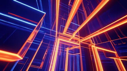 Abstract neon lines create a glowing, futuristic grid in blue and orange hues.