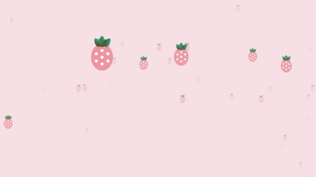 A side scrolling platform game stage with a pixelated strawberry and soft pink background,  perfect for a fruit-themed challenge.